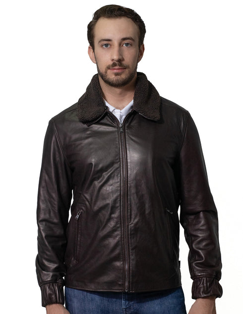 Chamarra Perry Ellis para Caballero en Piel Café Oscuro con Cuello de Borrego.